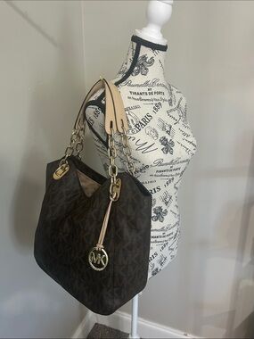 Michael Kors Brown MK Lilly Logo Chain-Handle Tote with Gold Accents